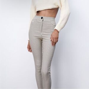 Zara Checked Plaid High Waisted Leggings Ecru Size Small
